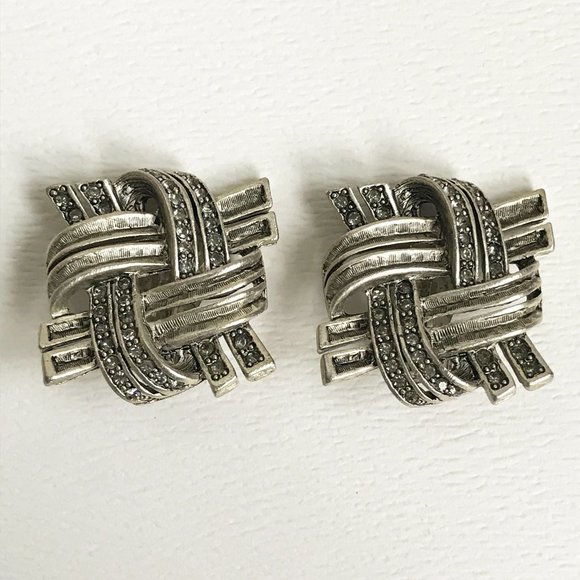Oscar de la Renta Jewelry - Oscar de la Renta Silver Tone Pave Pound Sign Woven Runway Clip-On Earrings